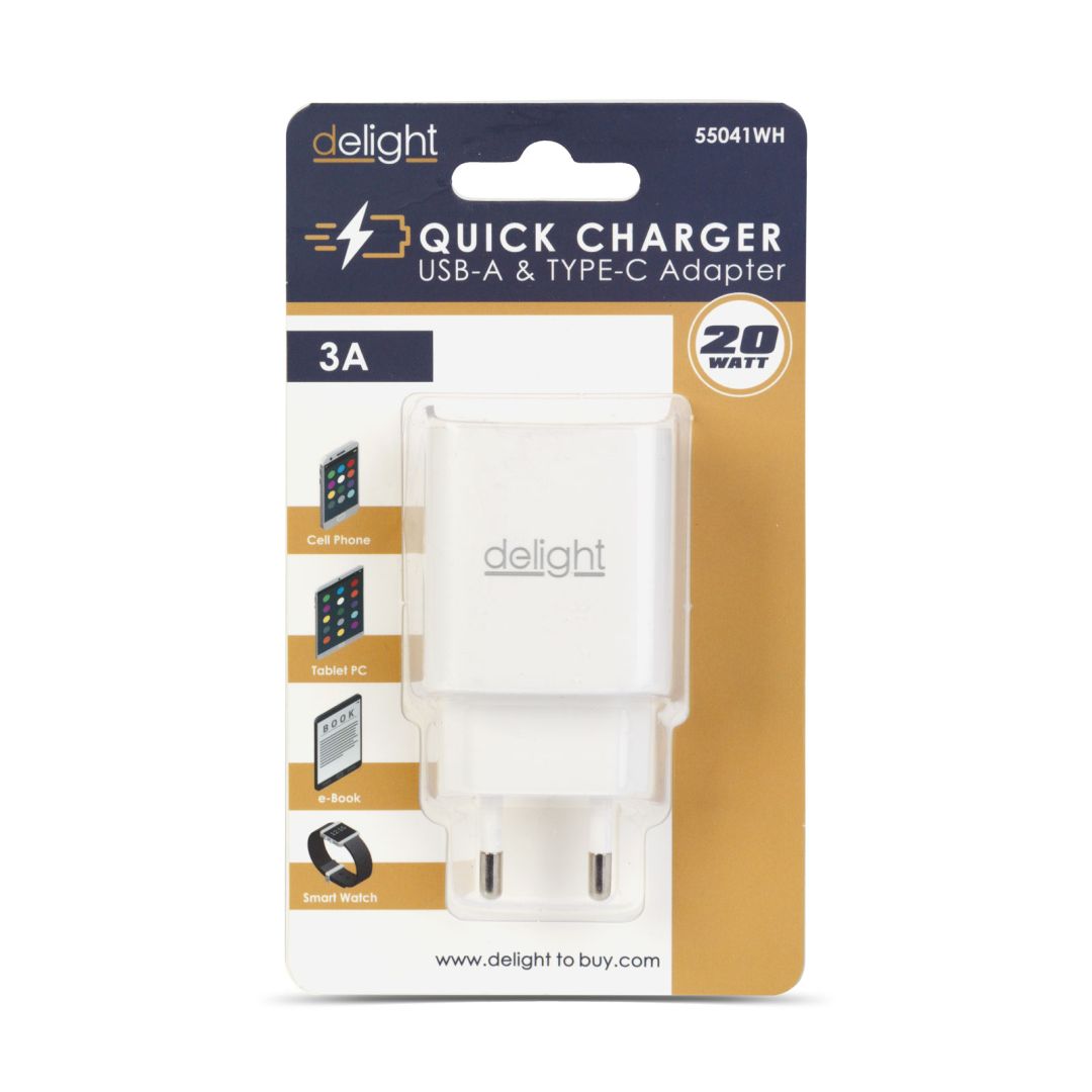 Delight USB Type-C + USB A PD20W Fast charger 20W White