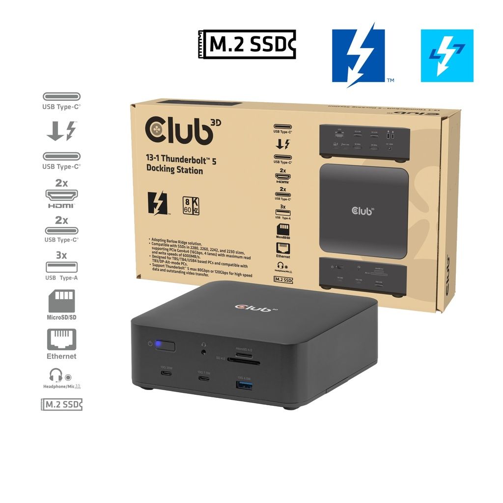Club3D 13-1 Thunderbolt 5 Docking Station M.2 SSD 2x HDMI 8K60Hz Thunderbolt Share Certified 180W