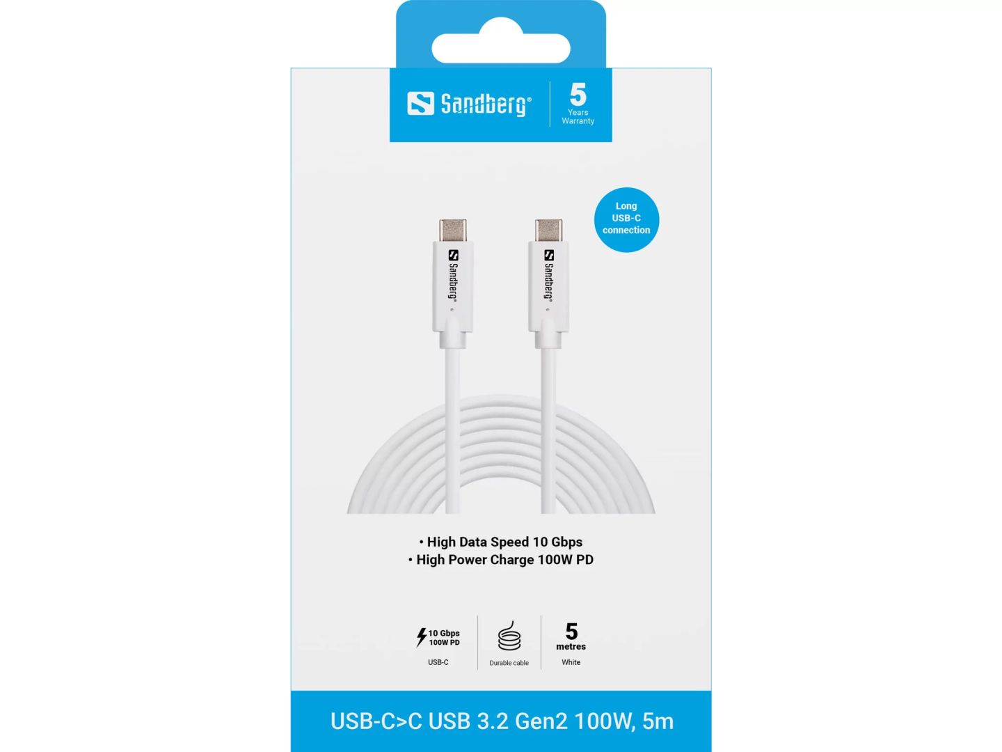 Sandberg USB3.2 USB-C to USB-C cable 5m White