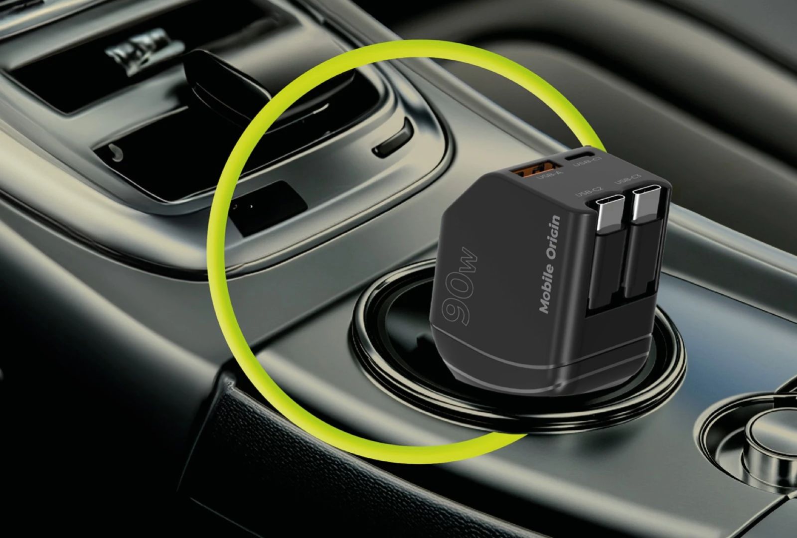 Mobile Origin 90W Car Charger CA22 USB-C + USB-A, 2x USB-C Cable Black