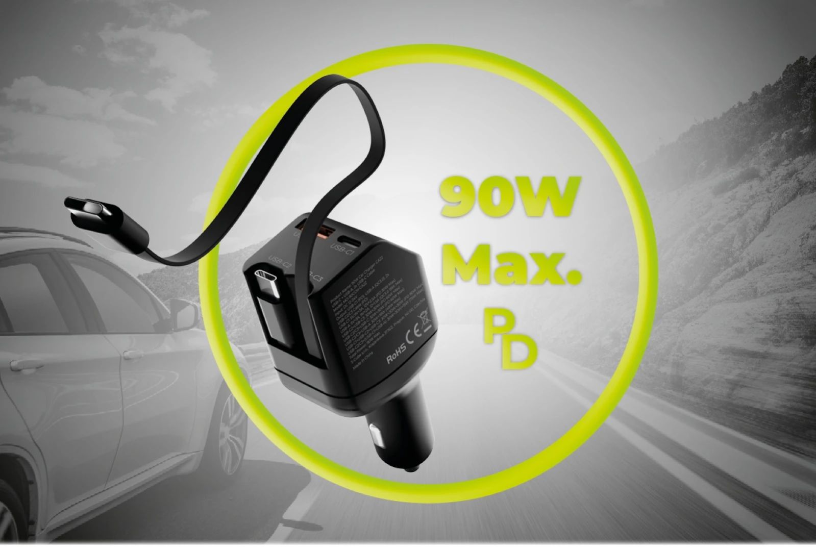 Mobile Origin 90W Car Charger CA22 USB-C + USB-A, 2x USB-C Cable Black