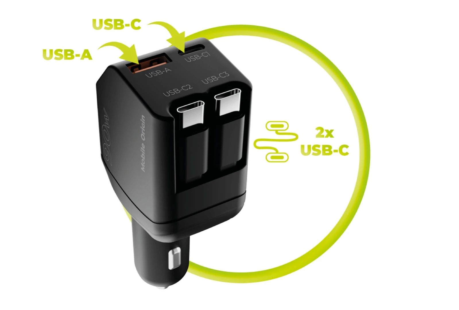 Mobile Origin 90W Car Charger CA22 USB-C + USB-A, 2x USB-C Cable Black