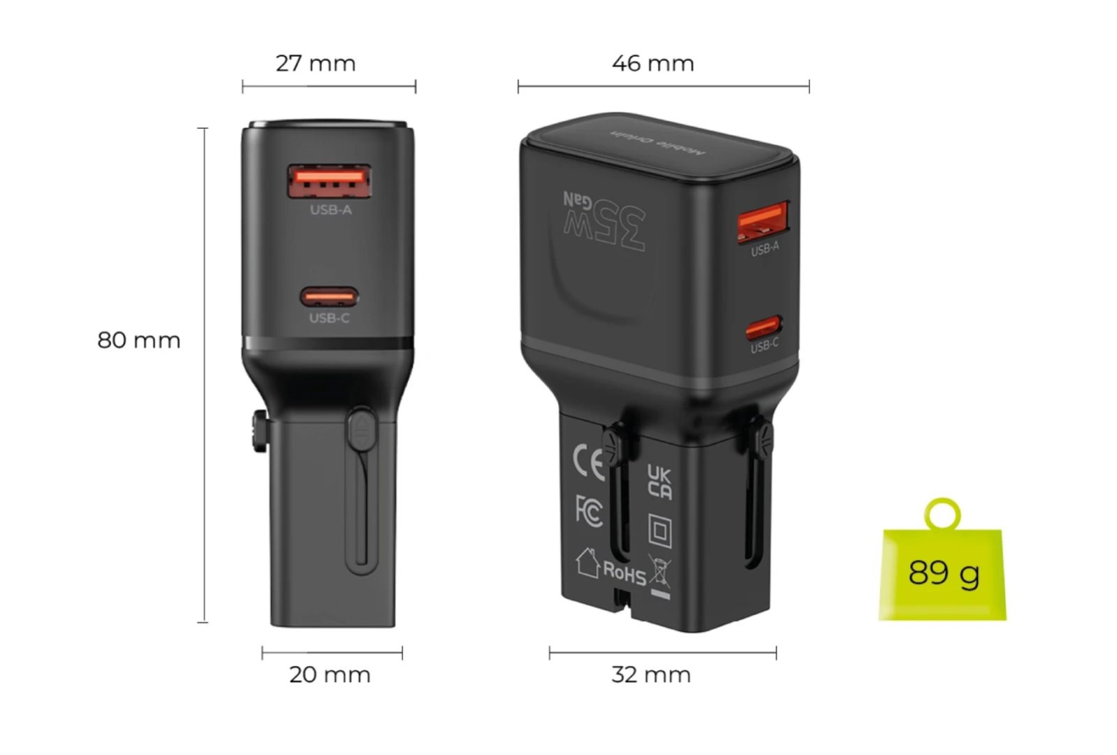 Mobile Origin 35W Travel Adapter EU/US/UK/AU PW25 Black