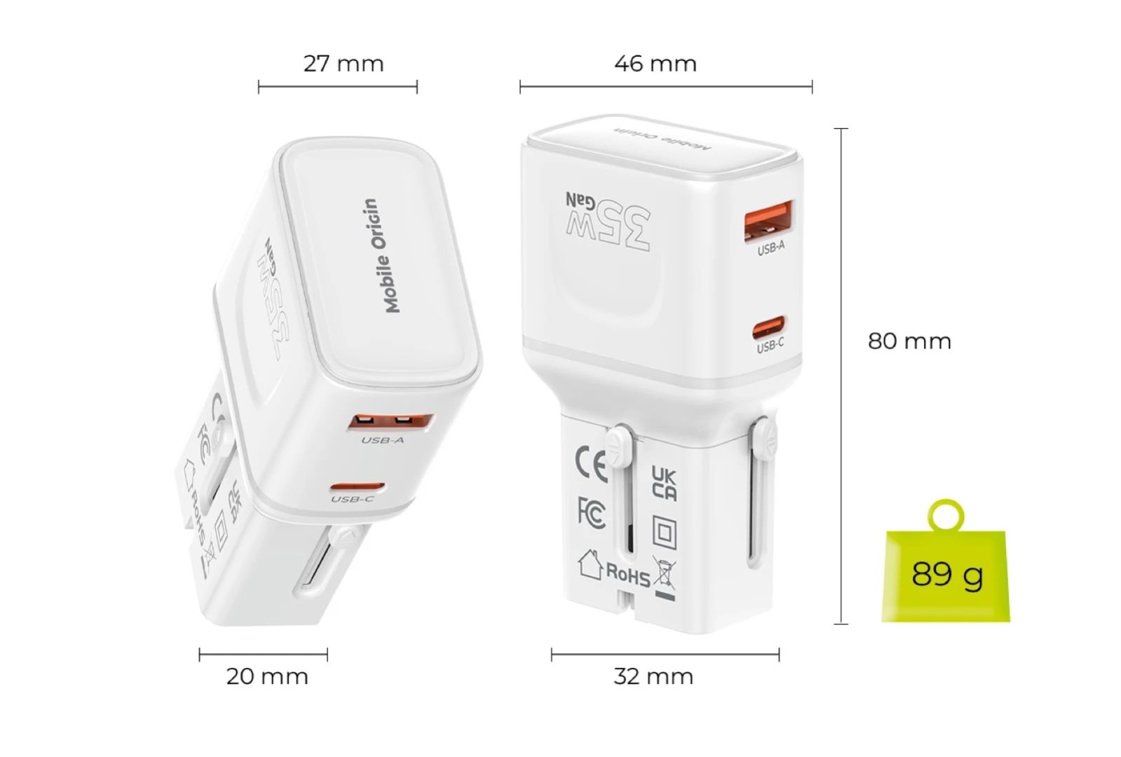 Mobile Origin 35W Travel Adapter EU/US/UK/AU PW25 White