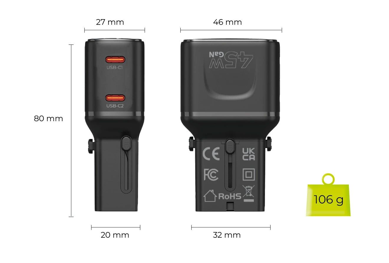 Mobile Origin 45W Travel Adapter EU/US/UK/AU PW26 Black