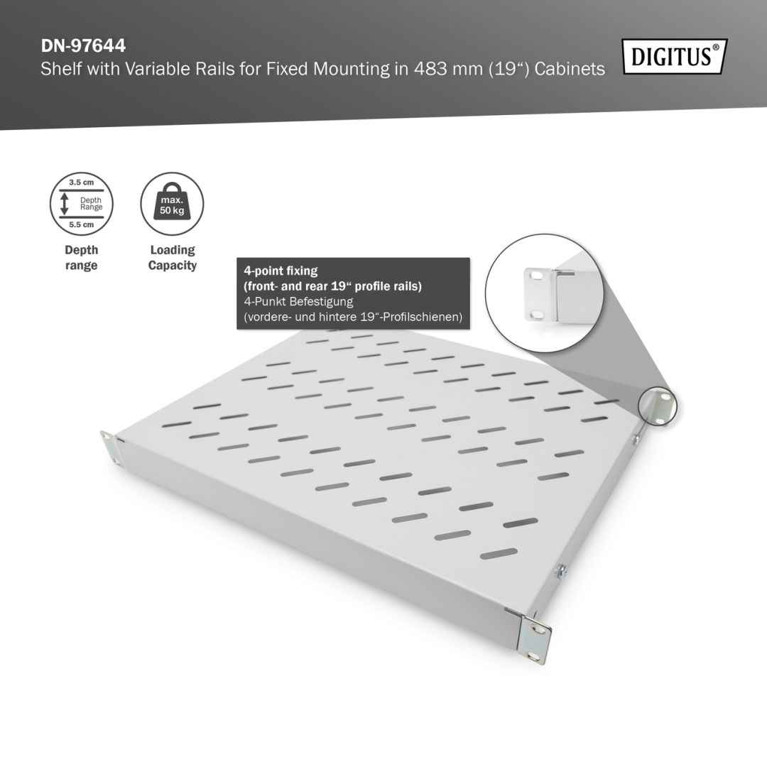 Digitus 1U fixed shelf for 600mm depth racks 44x482x350mm adjust. 350-550mm depth Grey