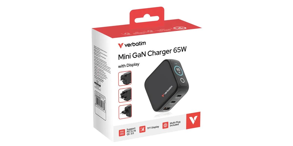 Verbatim Mini GaN Charger 3 Port 65W with Display (EU/UK/US) Black