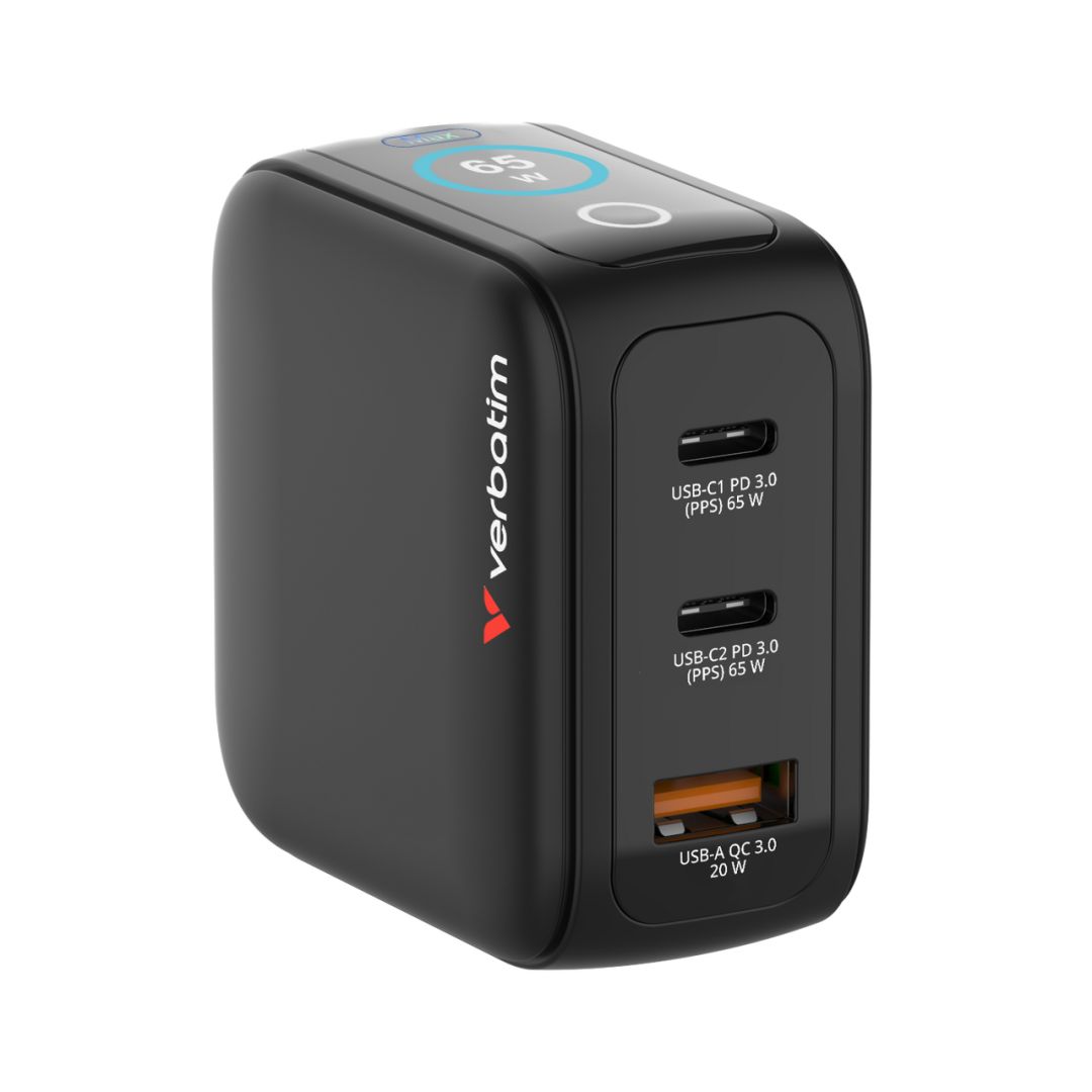 Verbatim Mini GaN Charger 3 Port 65W with Display (EU/UK/US) Black