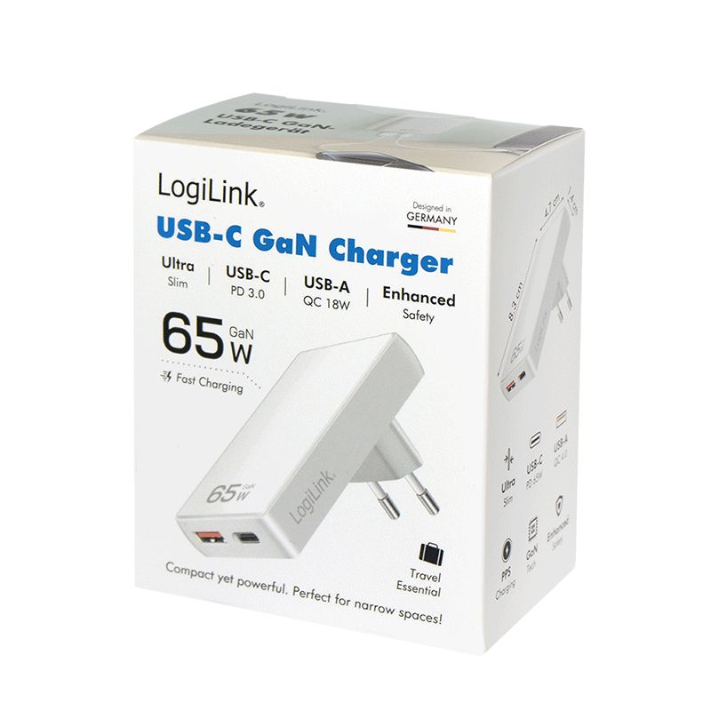Logilink extra slim USB-A, USB-C 65W adapter White