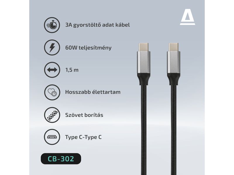 Avax USB-C to USB-C cable 1,5m Black/Grey