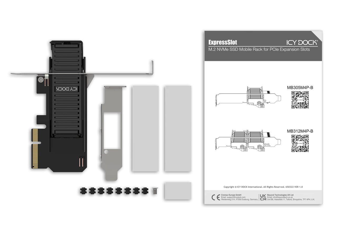IcyDock ExpressSlot Core MB305M4P-B Removable M.2 NVMe SSD to PCIe 4.0 x4 Mobile Rack Adapter Card for PCIe Expansion Slot