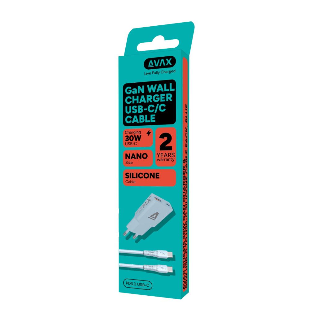 Avax CH6415 GaN charger with USBC-C cable Blue