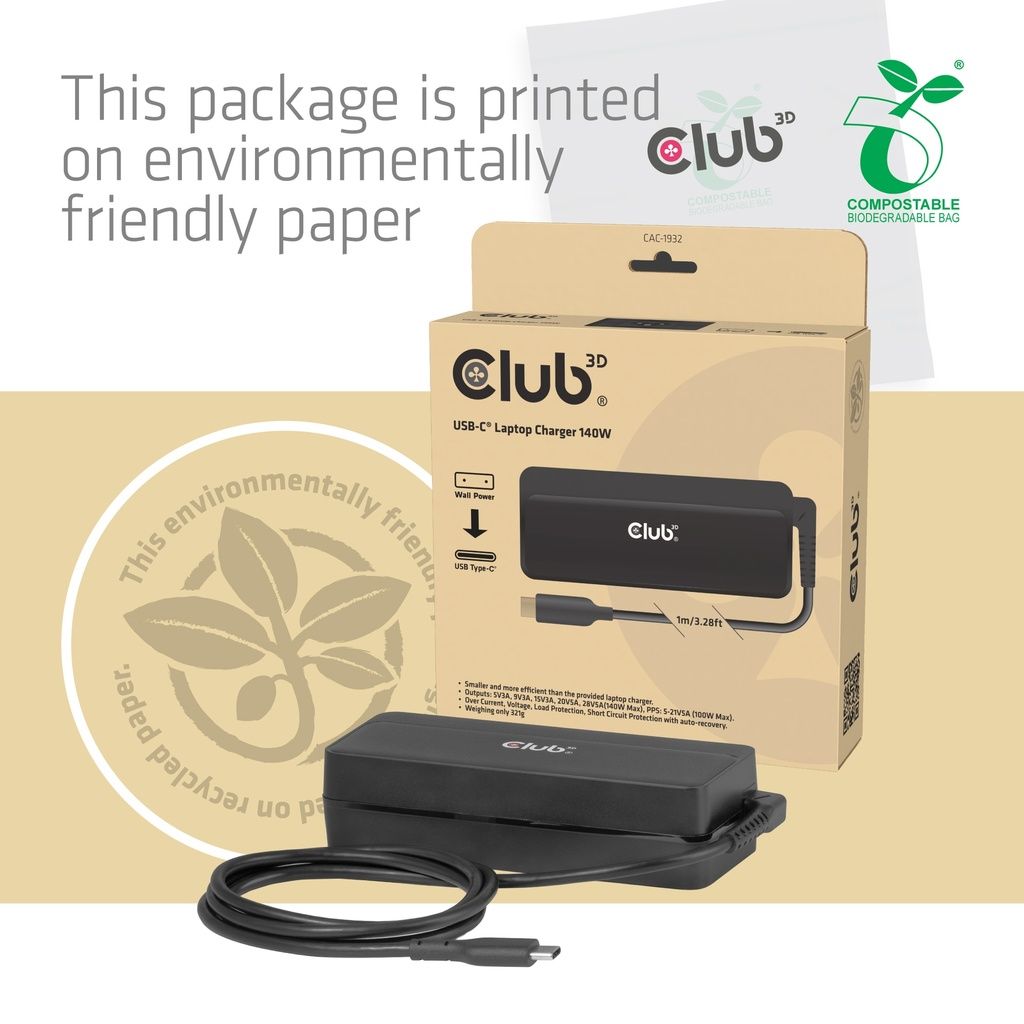 Club3D CAC-1932  28V / 5A 140W Type-C univerzális hálózati notebook töltő