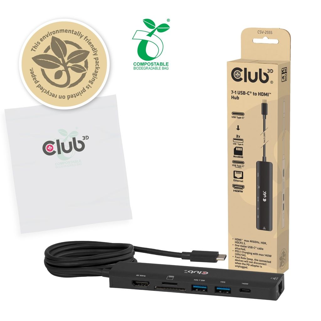 Club3D CSV-2555 7-1 USB-C to HDMI Hub 4K60Hz PD3.1 140W 1m