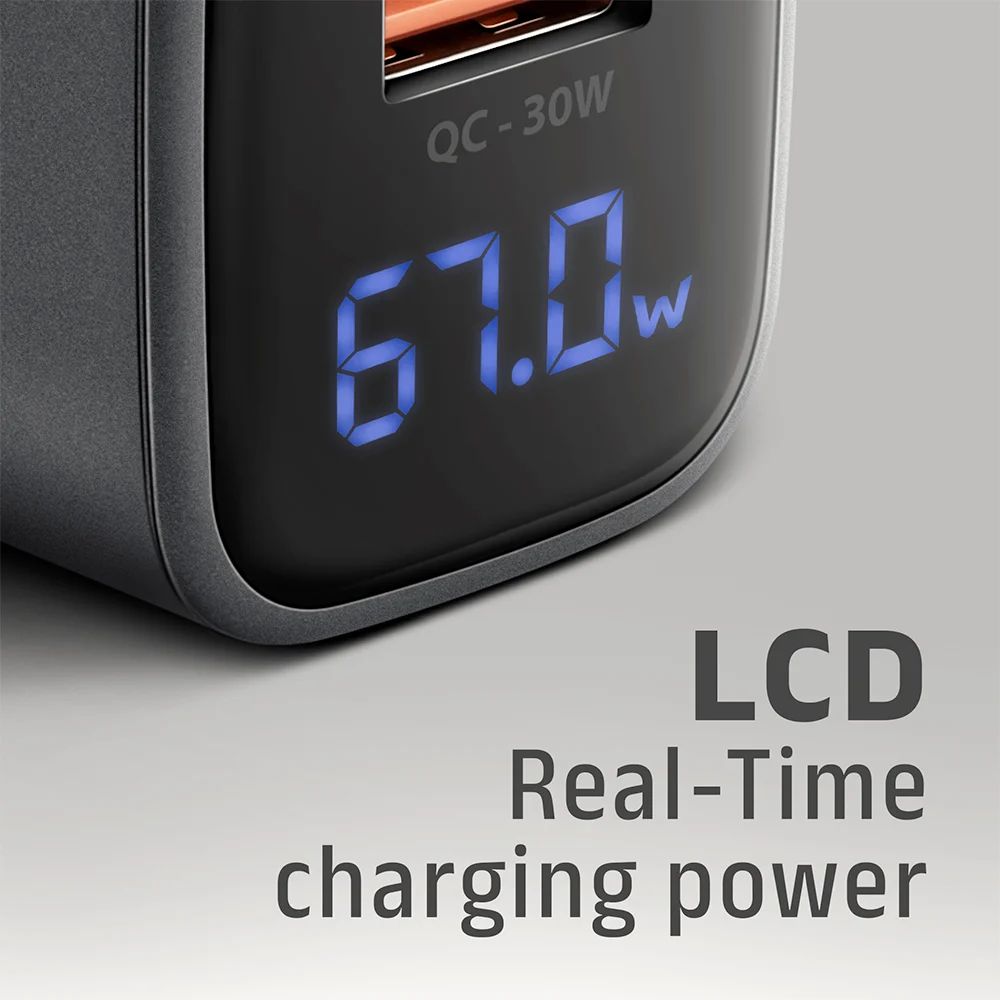 AXAGON ACU-PQ67D PD3.0 & QC4+ 2xOUTPUTS LCD display wall charger 67W Black