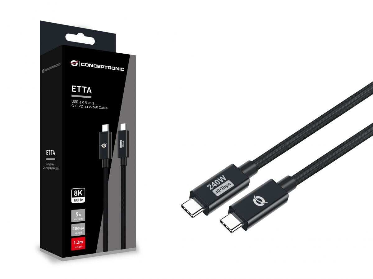 Conceptronic  ETTA04B12 USB4.0 Gen3 USB-C-USB-C PD3.1 240W cable 1,2m Black