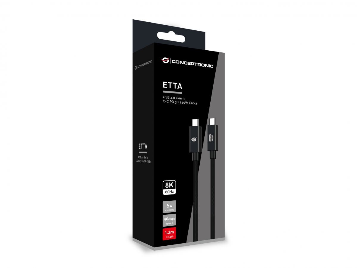 Conceptronic  ETTA04B12 USB4.0 Gen3 USB-C-USB-C PD3.1 240W cable 1,2m Black