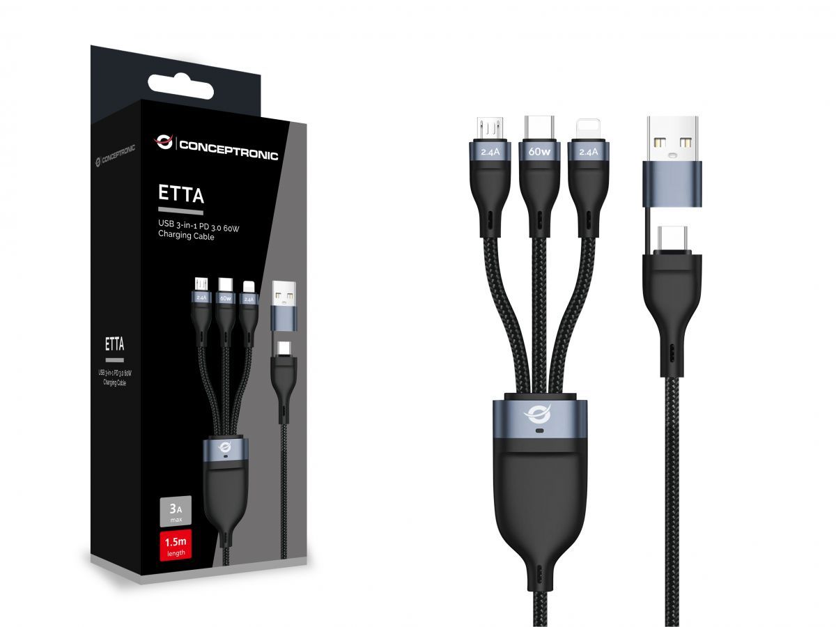 Conceptronic  ETTA05B15 3-in-1 60W Fast Charging Data Cable 1,5m Black