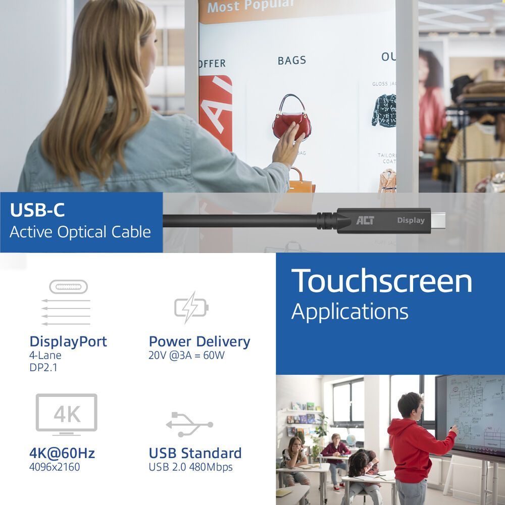 ACT USB-C 3.2 Gen2 Active Optical Cable (AOC) for touch panels video data, power 10m Black