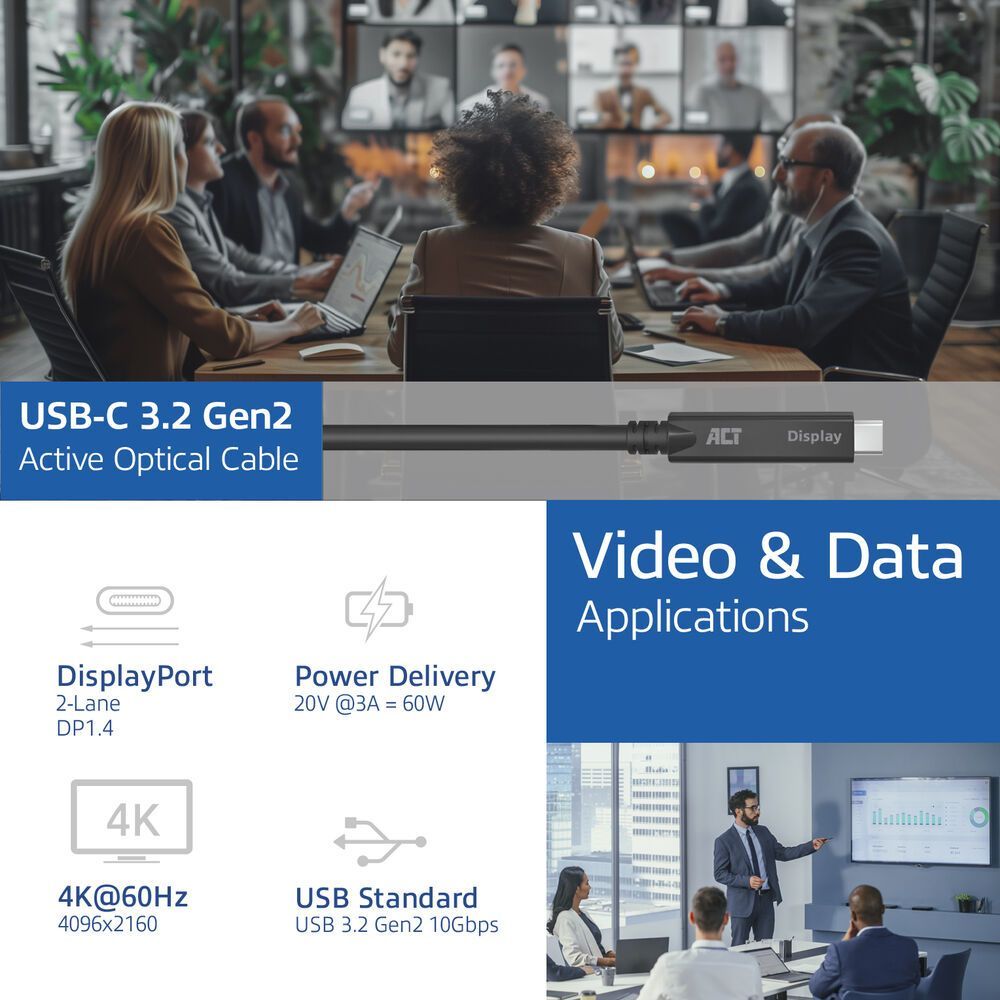 ACT USB-C 3.2 Gen2 Active Optical Cable (AOC) for touch panels video data, power 10m Black