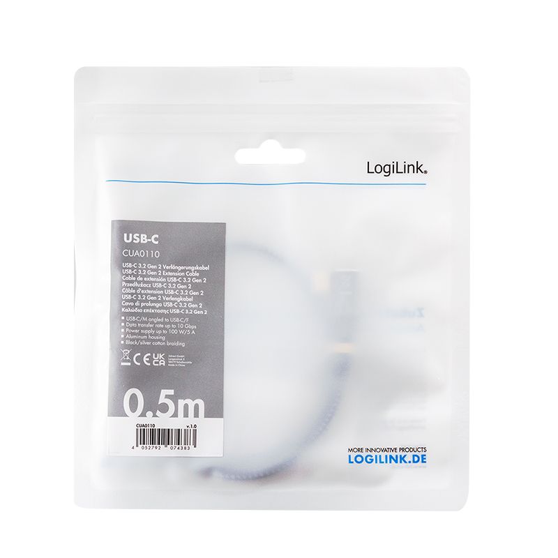 Logilink Type-C cable C/M 90° to USB-C/F 5m Black/Grey