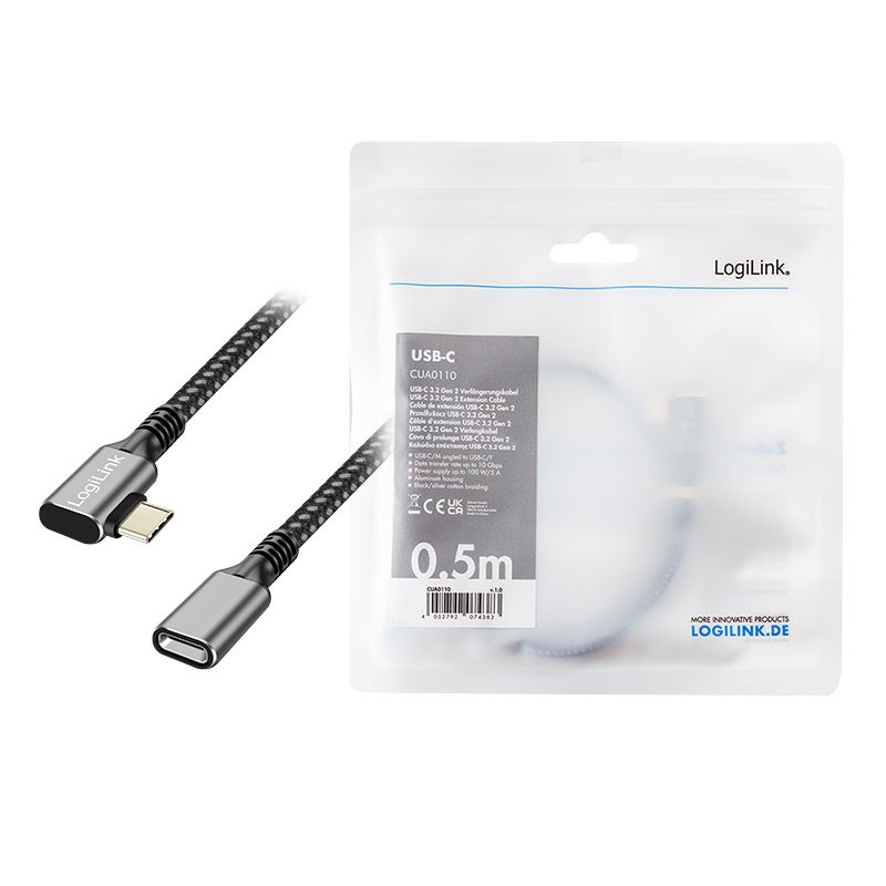 Logilink Type-C cable C/M 90° to USB-C/F 5m Black/Grey