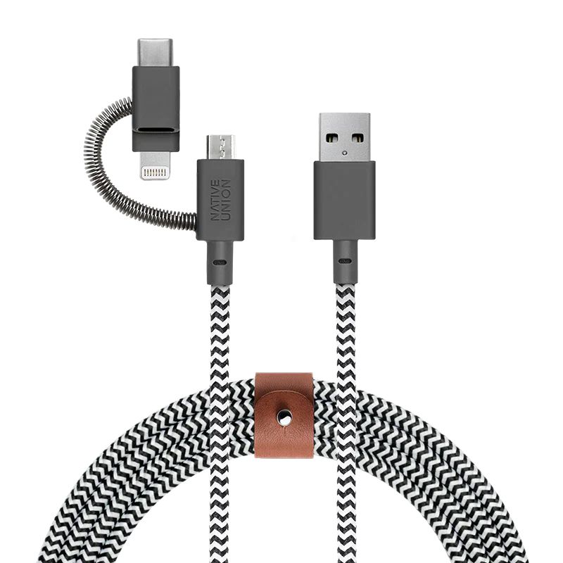 Native Union Belt Cable Universal USB-A to USB-C, Micro USB, Lightning 2m Zebra