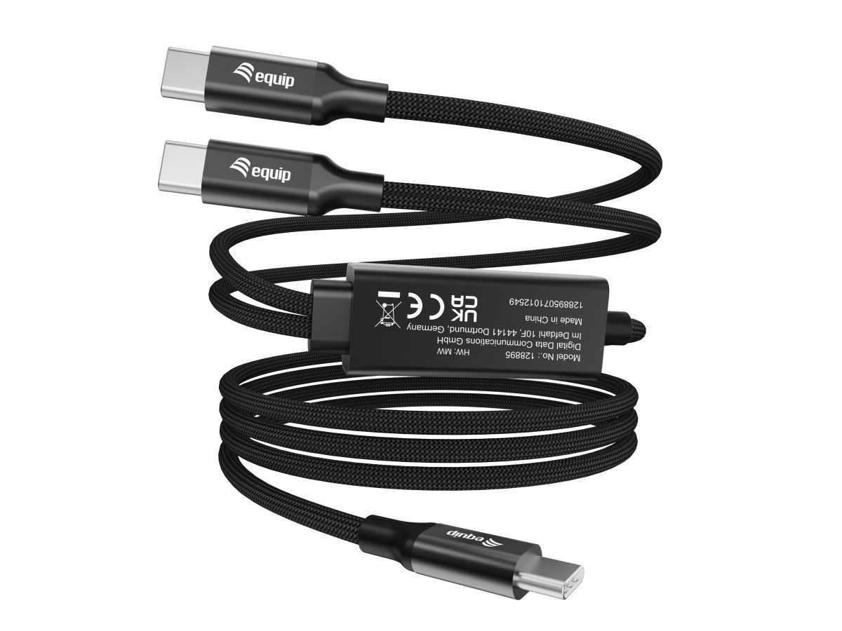 EQuip USB-C Y-Charging Cable USB-C Male to Dual USB-C Male 1.5m PD 3.1 140W E-Marker Braided Black