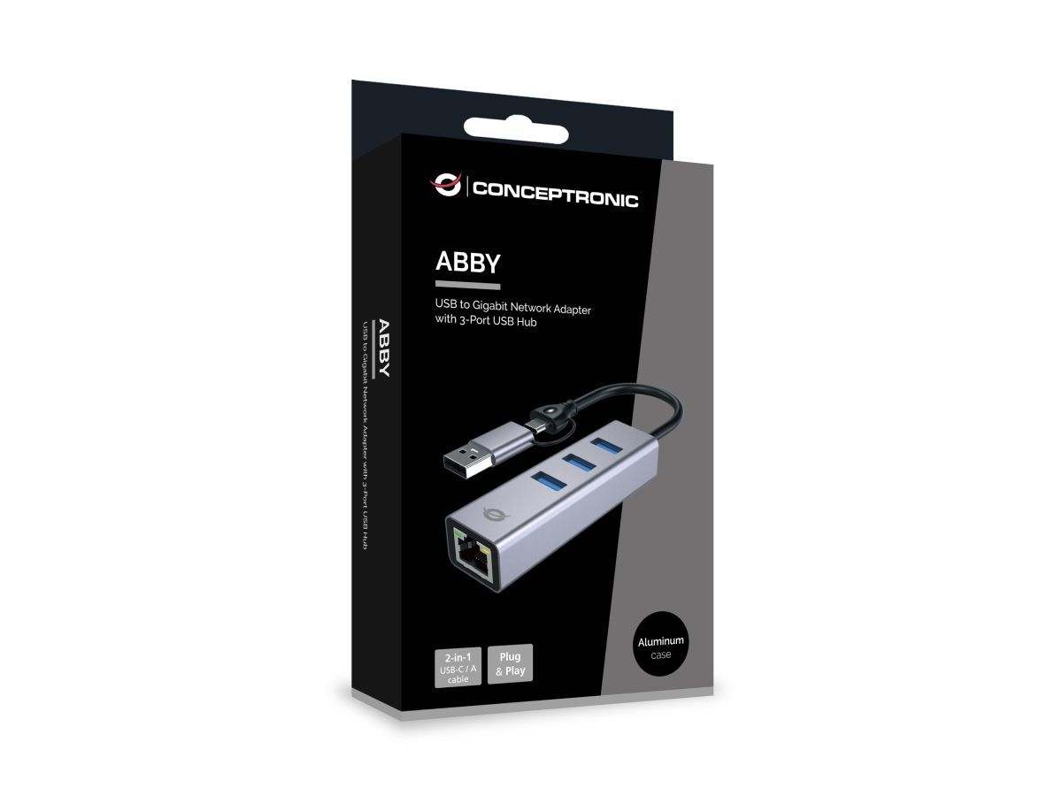 Conceptronic  ABBY25G USB-C to Gigabit Network Adapter with 3-Port USB Hub