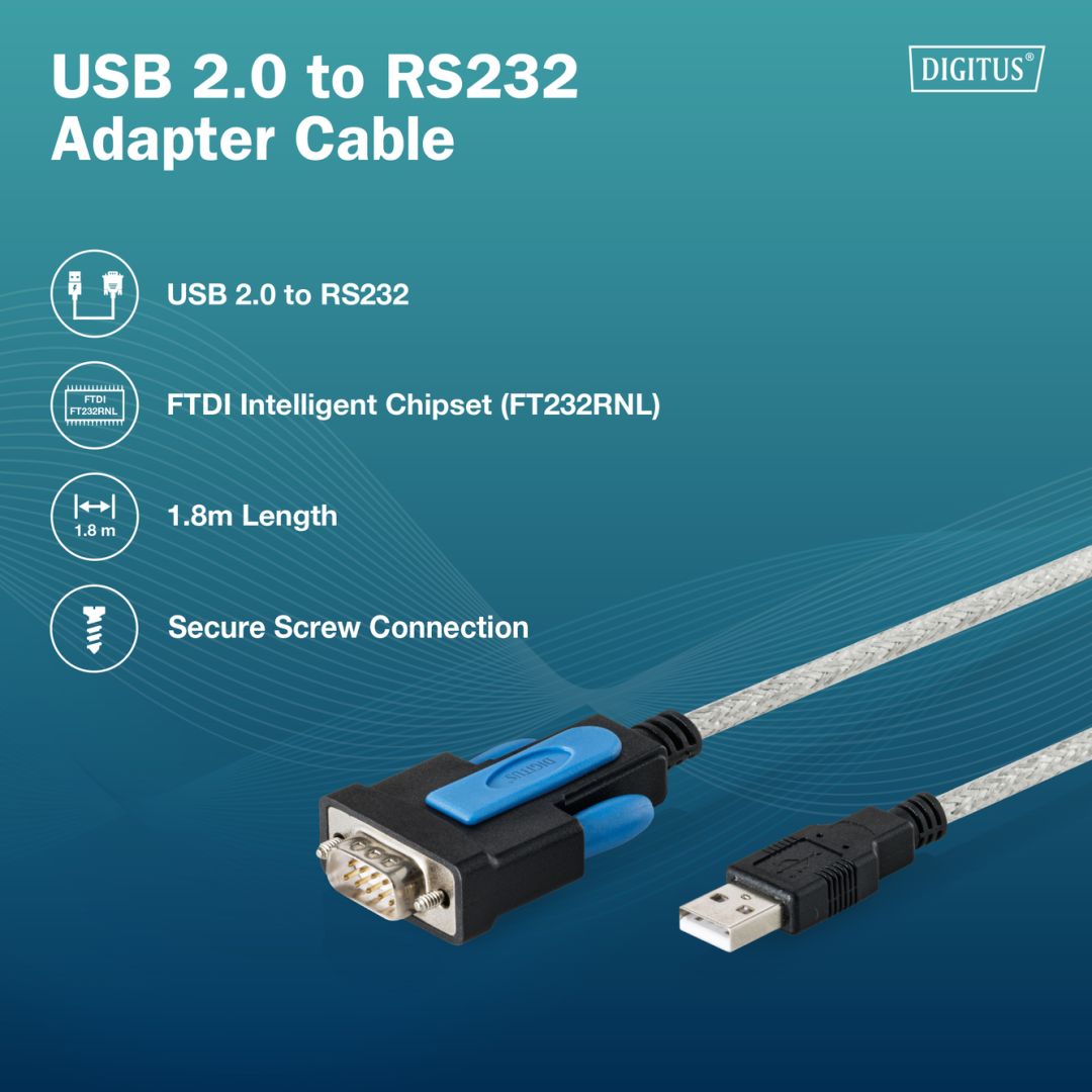 Digitus DA-70170 USB 2.0 to RS232 adapter cable integrated FTDI chipset 1,8m Black