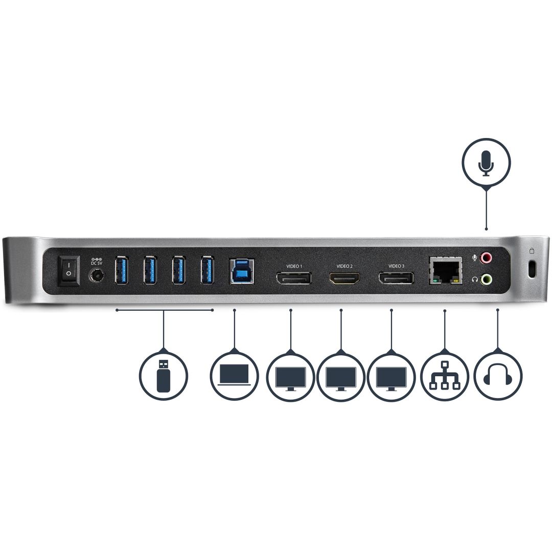 Startech Triple Monitor USB 3.0 Docking Station with 2x 4K DisplayPort & HDMI - 5 Port USB-A Hub