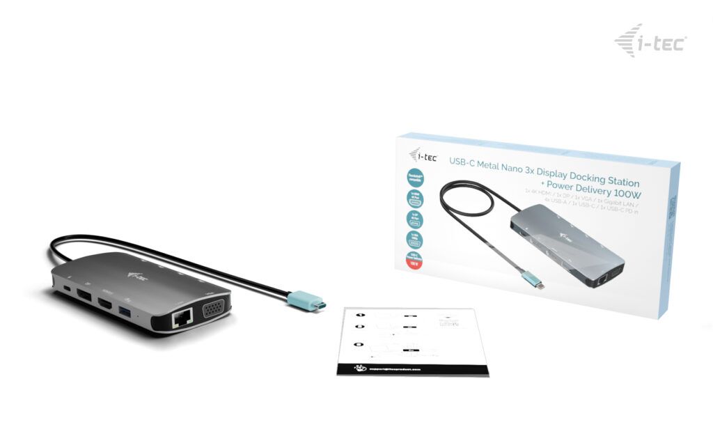I-TEC USB-C Metal Nano 3x Display (DP, HDMI and VGA) Docking Station + Power Delivery 100 W