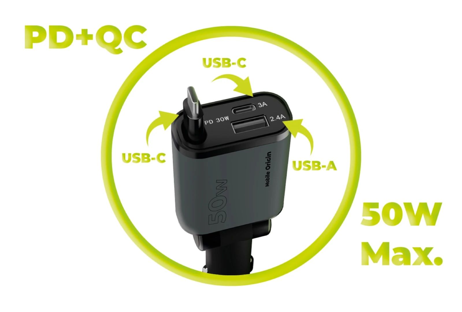 Mobile Origin 3in1 50W Car Charger CA27 - USB-C + USB-A, USB-C Space Gray