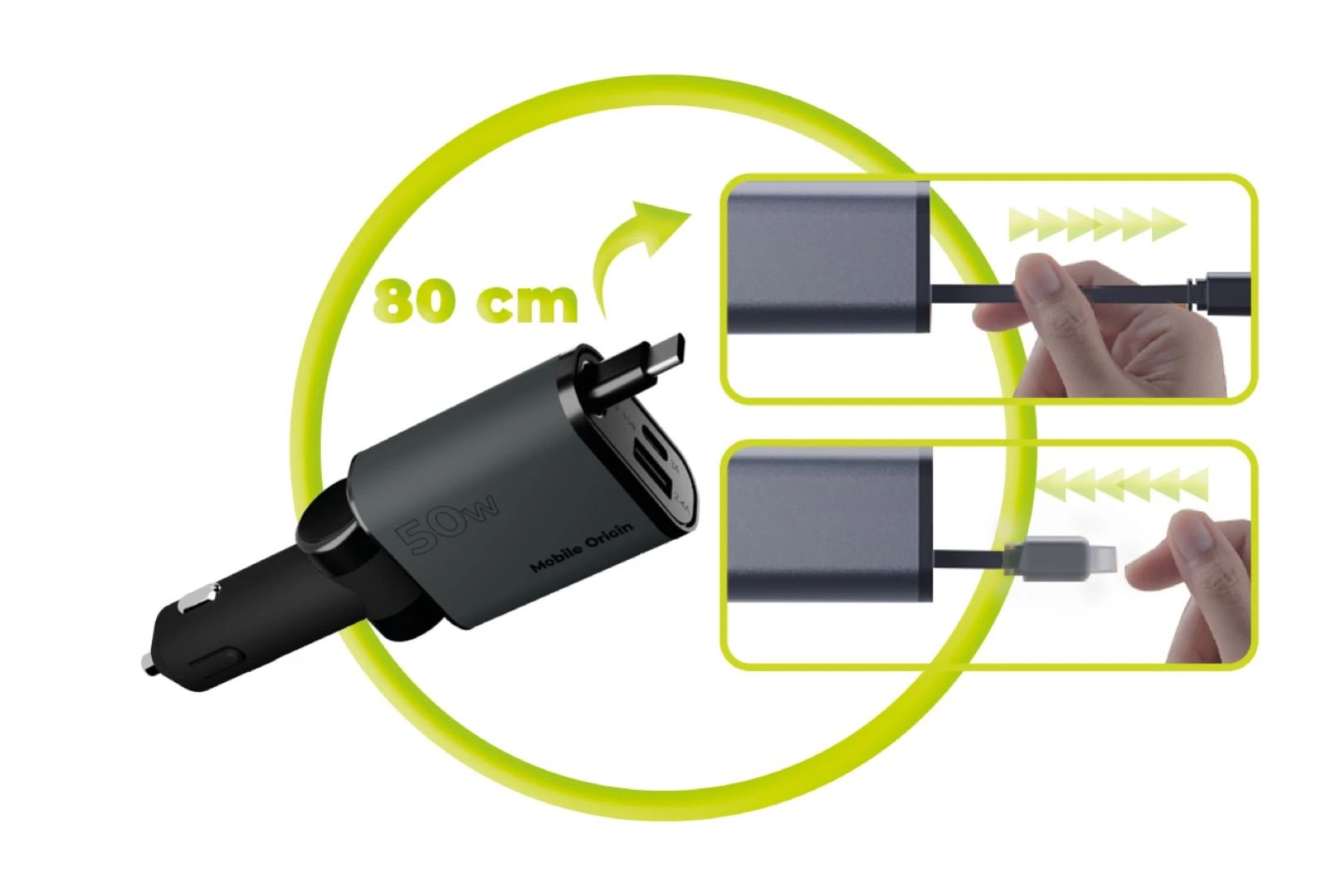 Mobile Origin 3in1 50W Car Charger CA27 - USB-C + USB-A, USB-C Space Gray