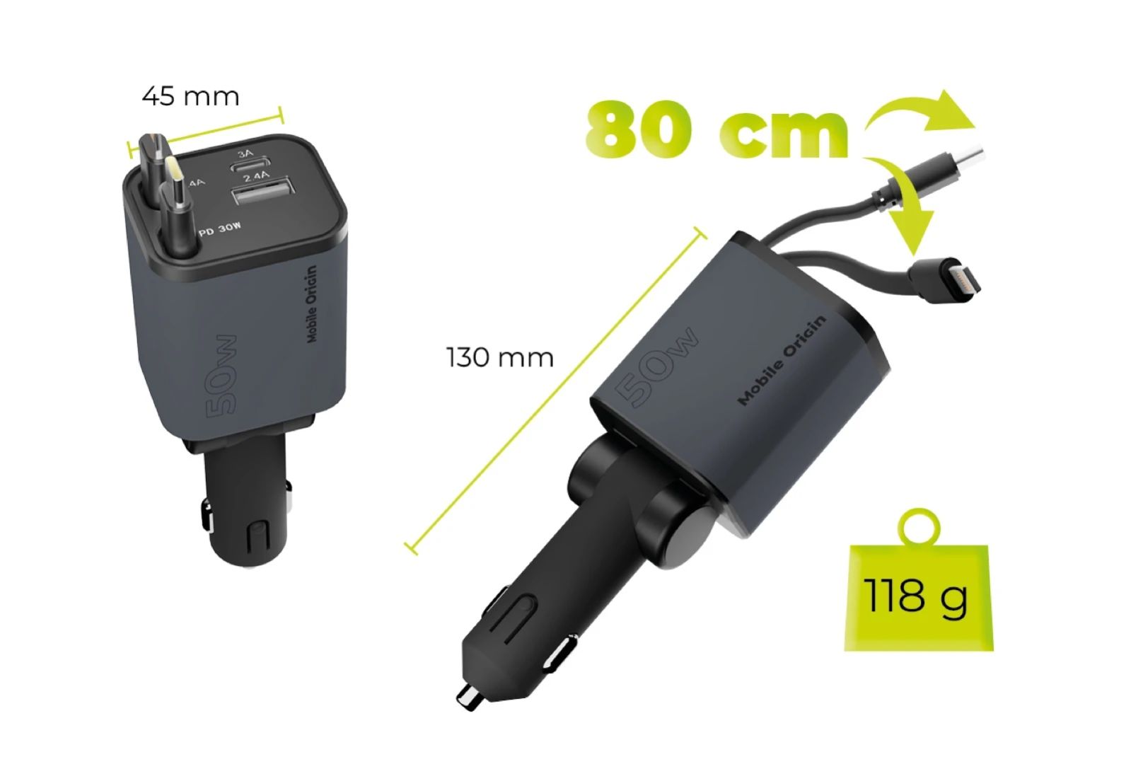 Mobile Origin 4in1 50W Car Charger CA28 - USB-C+USB-A, USB-C and Lightning Cable Space Gray