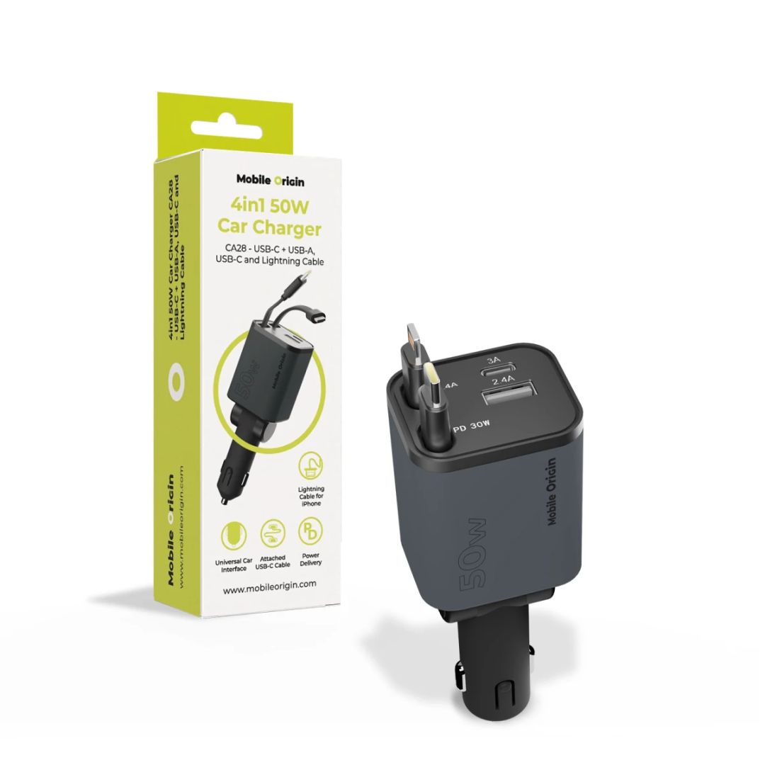 Mobile Origin 4in1 50W Car Charger CA28 - USB-C+USB-A, USB-C and Lightning Cable Space Gray