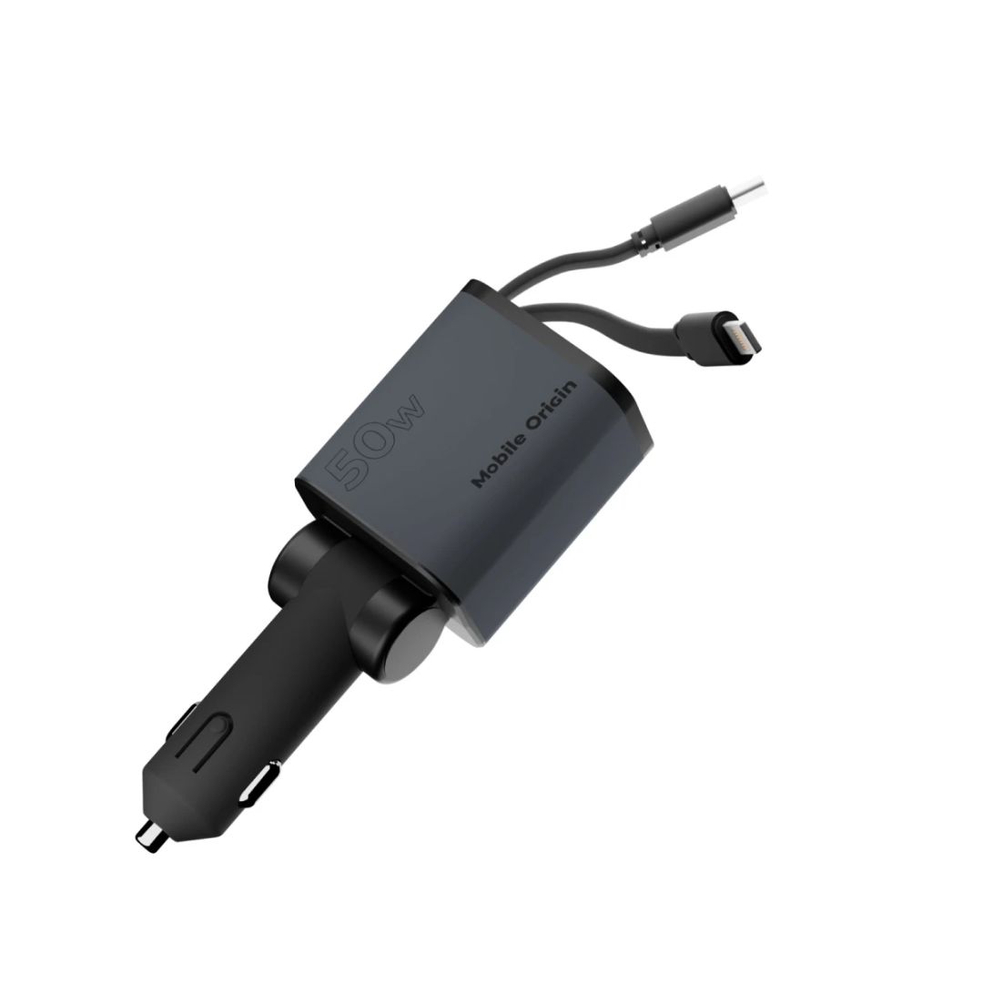 Mobile Origin 4in1 50W Car Charger CA28 - USB-C+USB-A, USB-C and Lightning Cable Space Gray