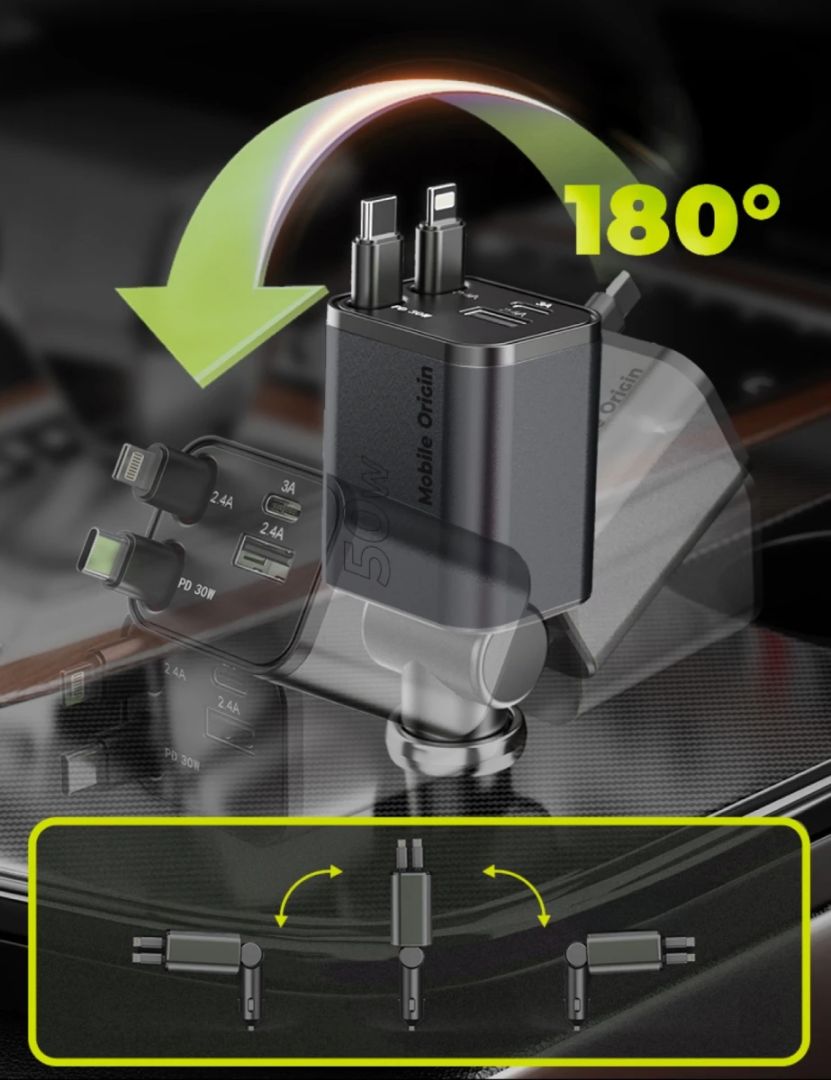 Mobile Origin 4in1 50W Car Charger CA28 - USB-C+USB-A, USB-C and Lightning Cable Space Gray