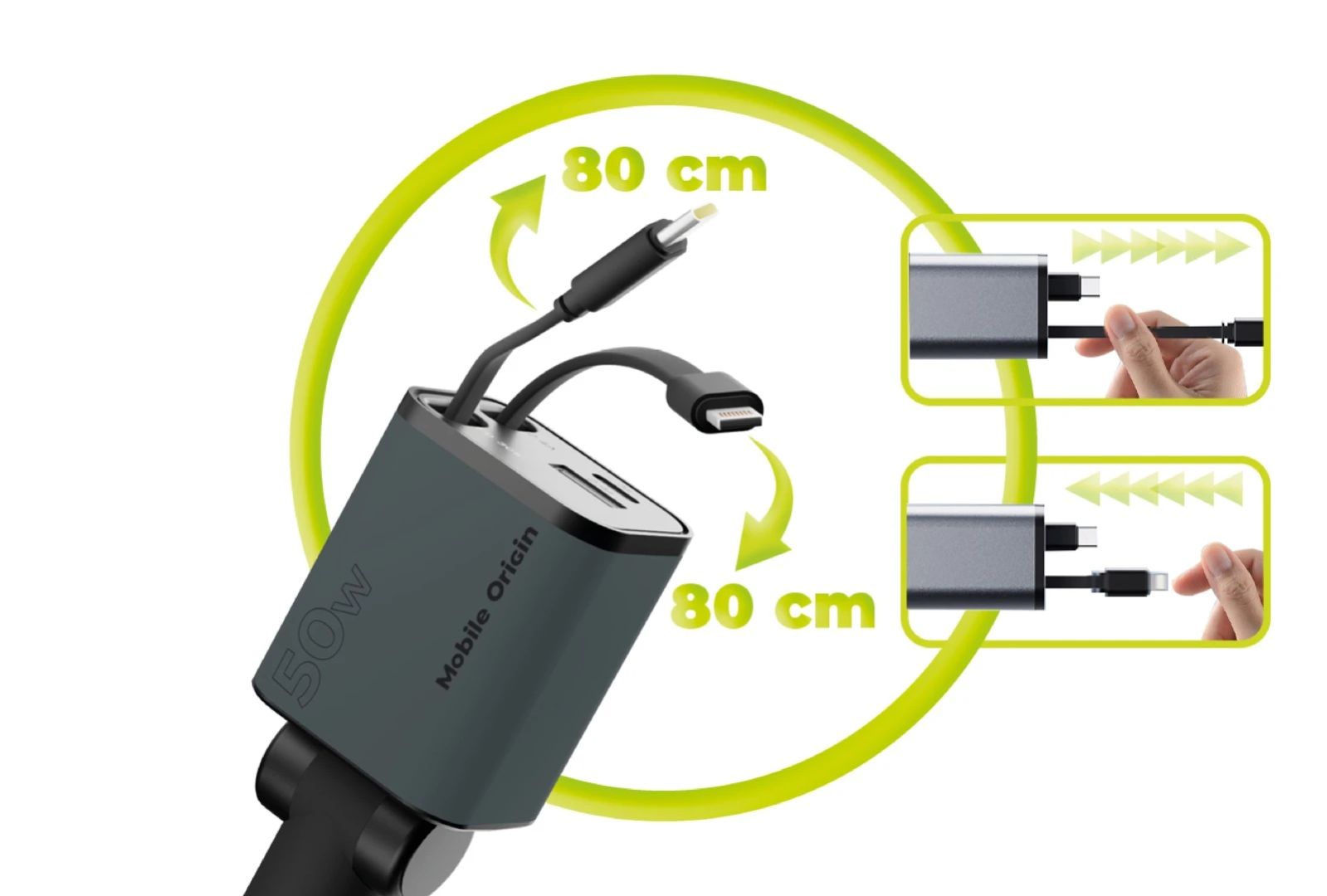 Mobile Origin 4in1 50W Car Charger CA28 - USB-C+USB-A, USB-C and Lightning Cable Space Gray