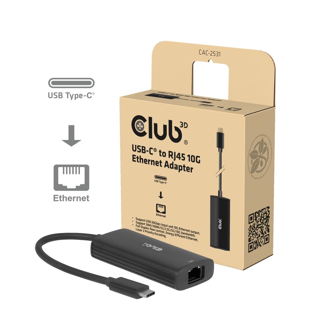 Club3D USB‑C to RJ45 10G Ethernet Black