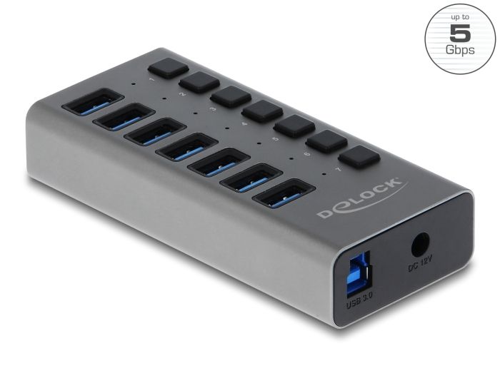 DeLock External USB 5 Gbps HUB with 7 Ports + Switch Grey