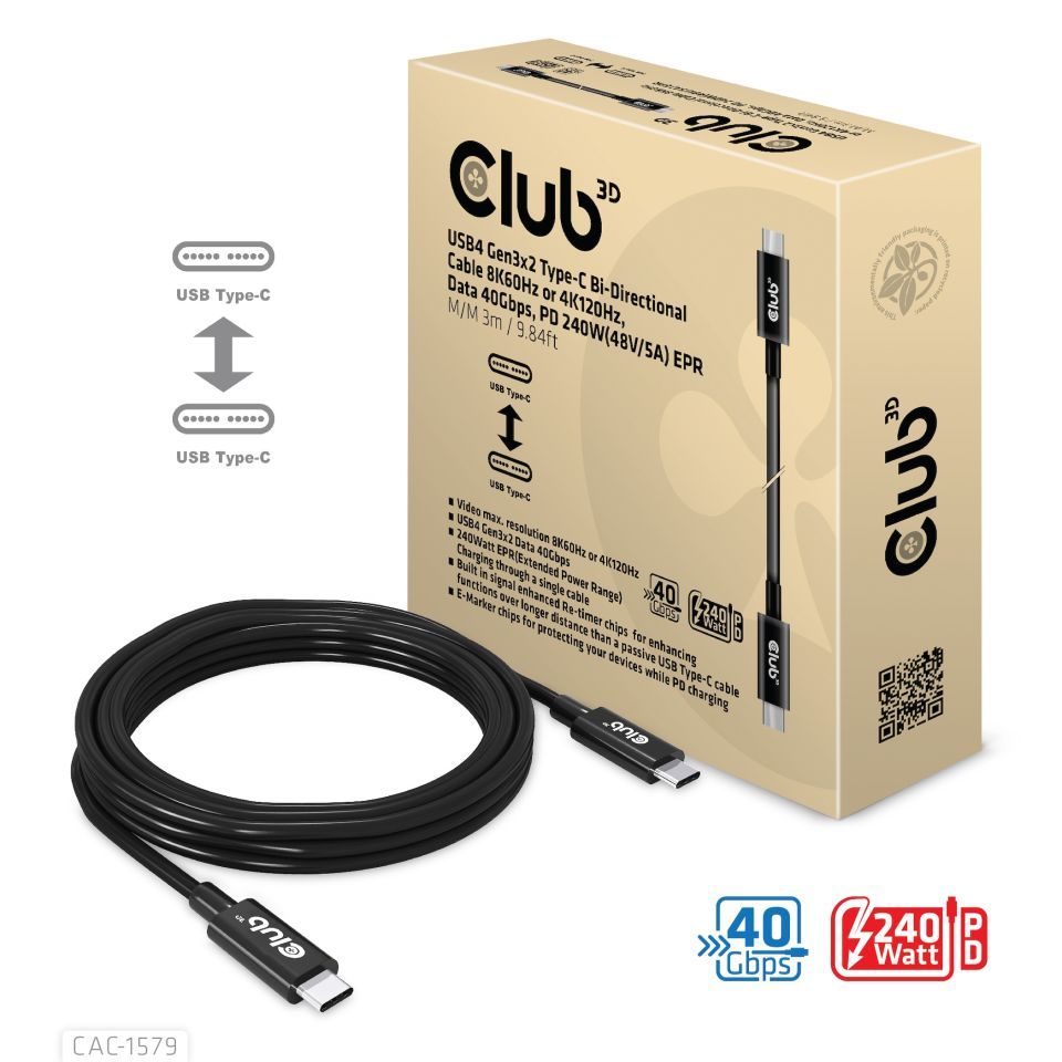 Club3D USB4 Gen3x2 Type-C Bi-Directional Cable 8K60Hz or 4K120Hz, Data 40Gbps, PD 240W(48V/5A) EPR M/M Cable 3m Black