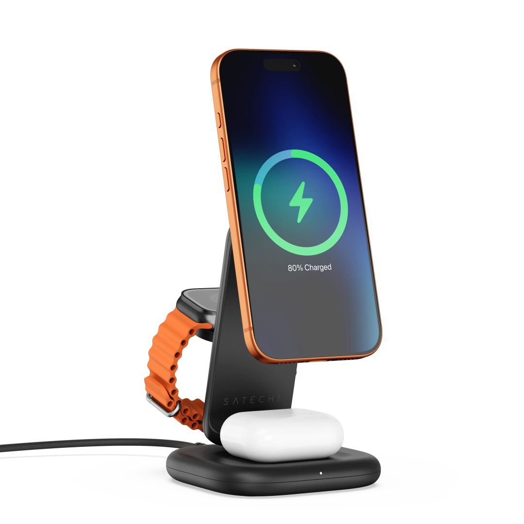 Satechi 3-in-1 Foldable Wireless Charging Stand with Qi2 25W Space Black