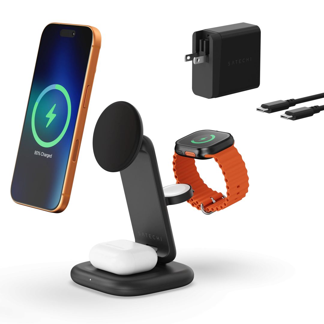 Satechi 3-in-1 Foldable Wireless Charging Stand with Qi2 25W Space Black