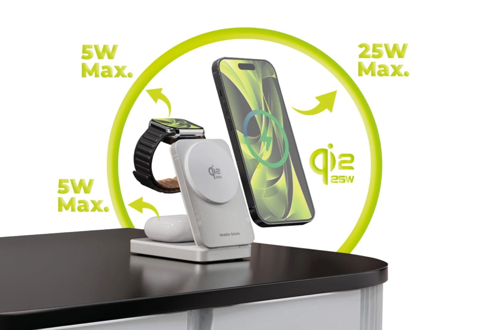 Mobile Origin 3in1 Qi2 MagSafe Compatible Foldable Charging Stand 25W PW35 Silver