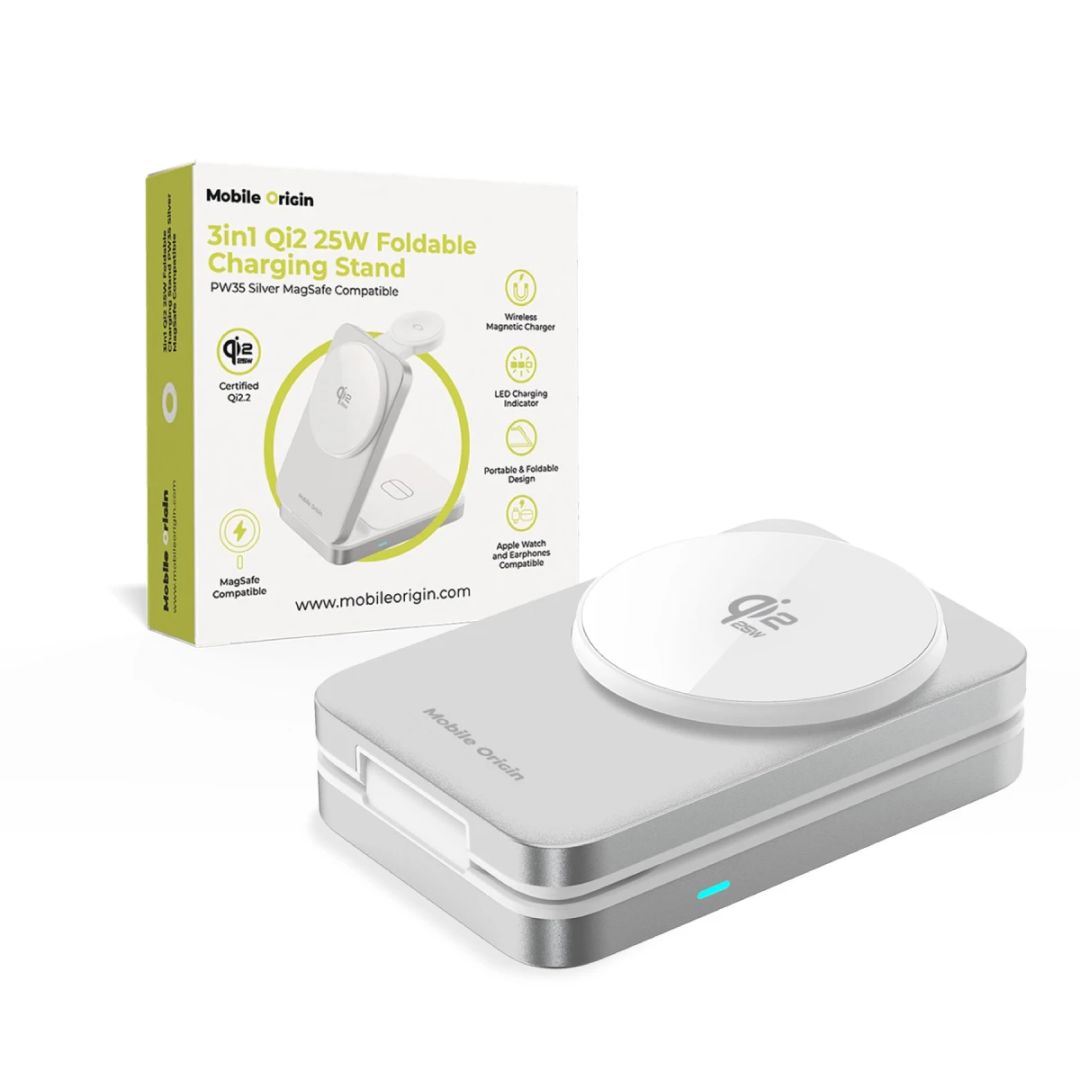Mobile Origin 3in1 Qi2 MagSafe Compatible Foldable Charging Stand 25W PW35 Silver