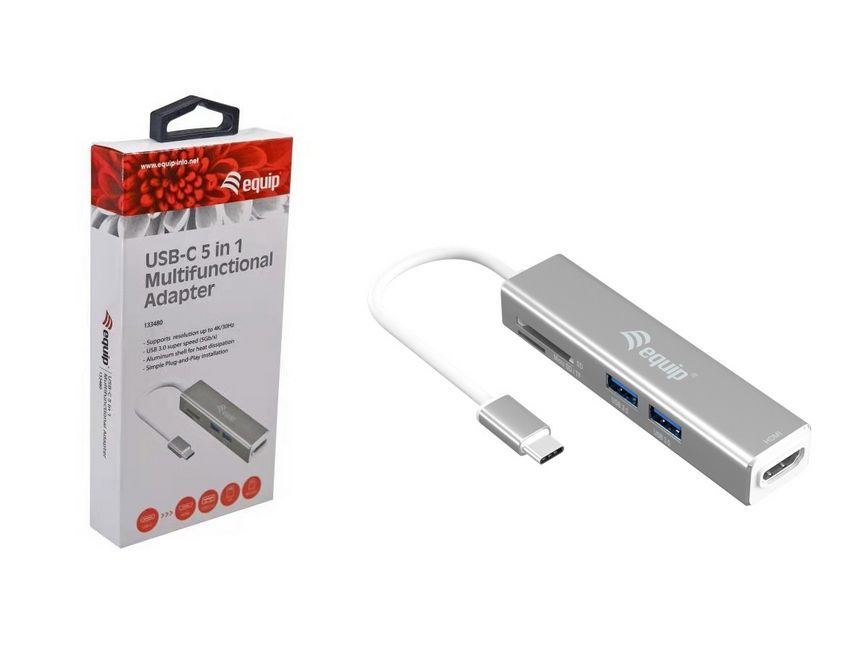 EQuip USB-C 5 in 1 Multifunctional Adapter HDMI USB 3.2 Gen 1 TF/Micro SD Grey