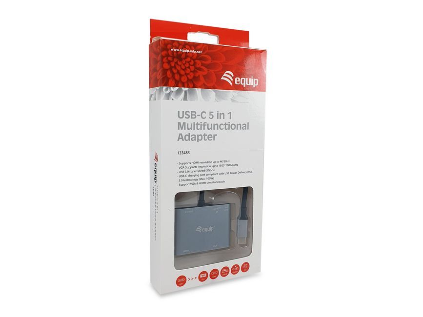 EQuip USB-C 5 in 1 Multifunctional Adapter, HDMI, VGA (HD15), PD 100W, USB3.0, AUX