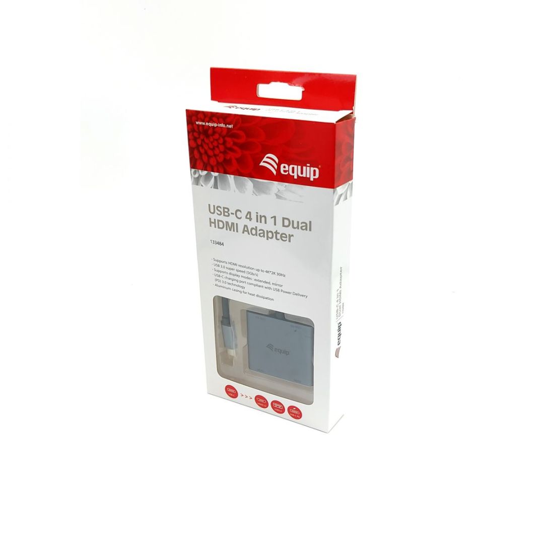EQuip USB-C 4 in 1 Dual HDMI Adapter, USB 3.0, 100W USB PD Grey