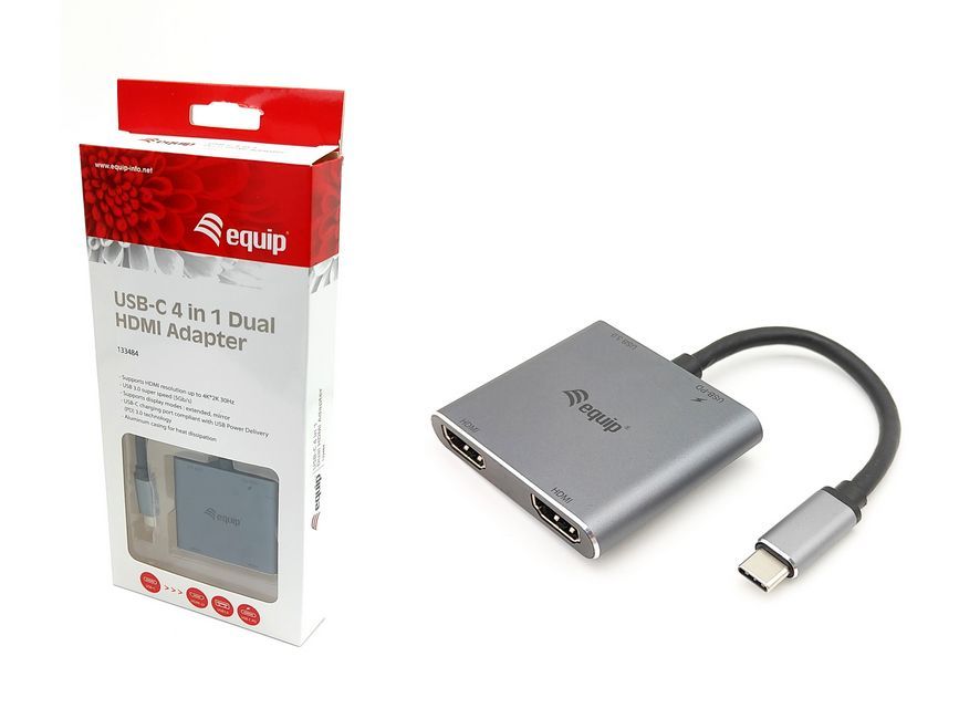 EQuip USB-C 4 in 1 Dual HDMI Adapter, USB 3.0, 100W USB PD Grey